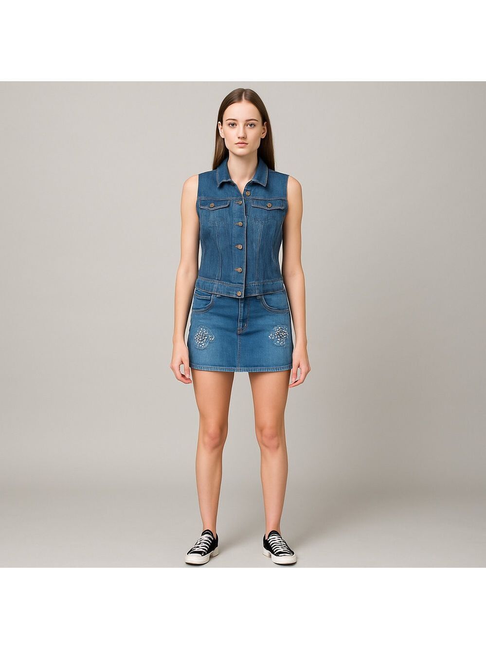 Jordache Blue Denim Rhinestone Mini Skirt Size 3/4